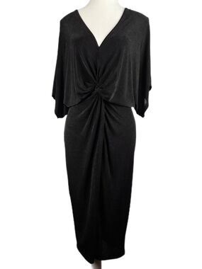 Knot-Detail Black Midi Dress with V-Neck
